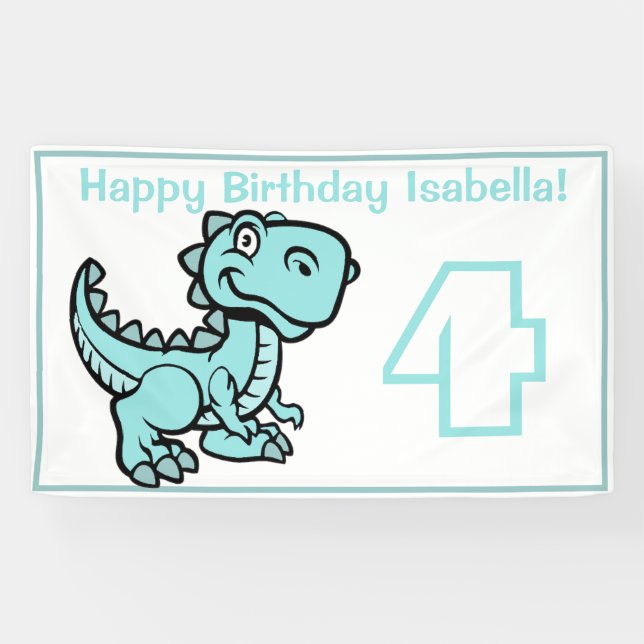 Any Age White and Teal T Rex Dinosaur Birthday Banner (Horizontal)
