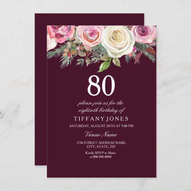 Any Age White Pink Rose Burgundy Birthday Invite (Front/Back)