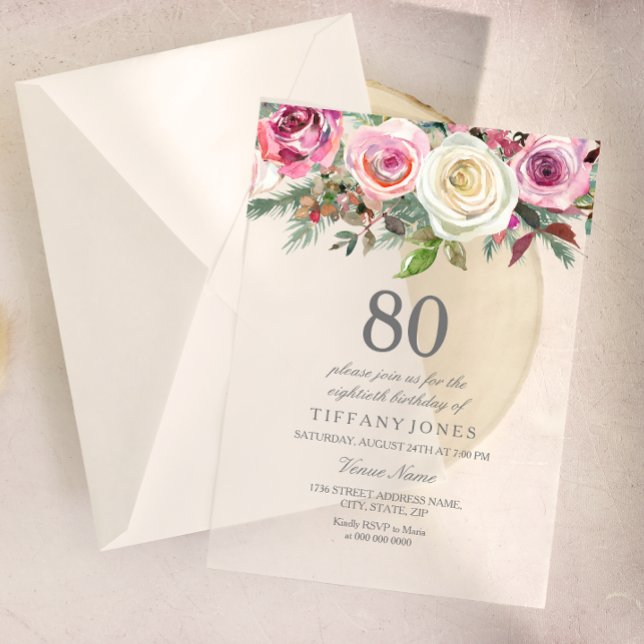 Any Age White Rose Floral 80th Birthday Invite Acrylic Invitations (Creator Uploaded)