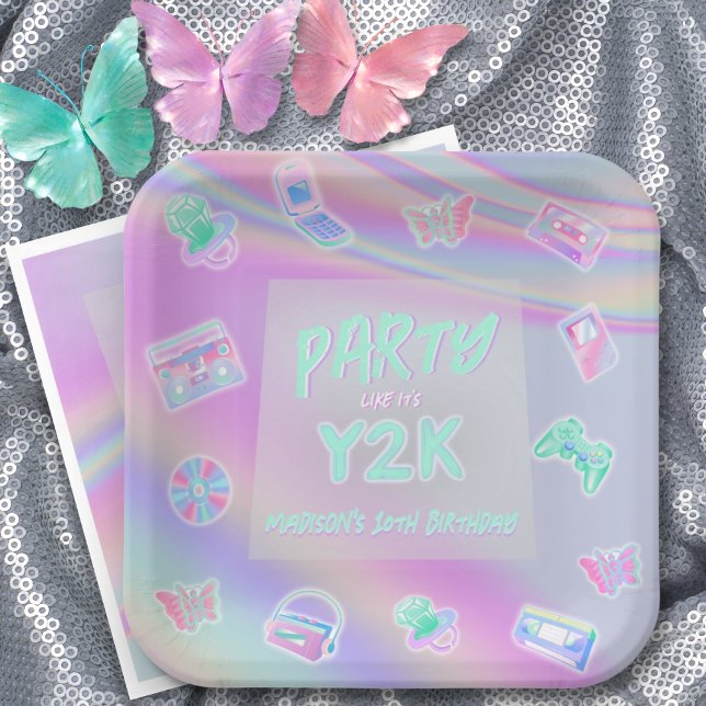 ANY AGE Y2K iridescent rainbow birthday party Paper Plate (Creator Uploaded)