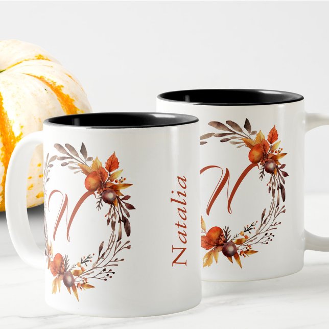 Any All Letter Girly Stylish Boho Foliage Monogram Two-Tone Coffee Mug (Creator Uploaded)