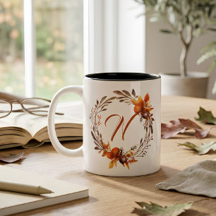 Any All Letter Girly Stylish Boho Foliage Monogram Two-Tone Coffee Mug