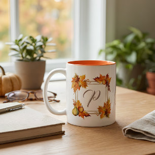 Any All Letters Modern Boho Fall Leaves Monogram Two-Tone Coffee Mug