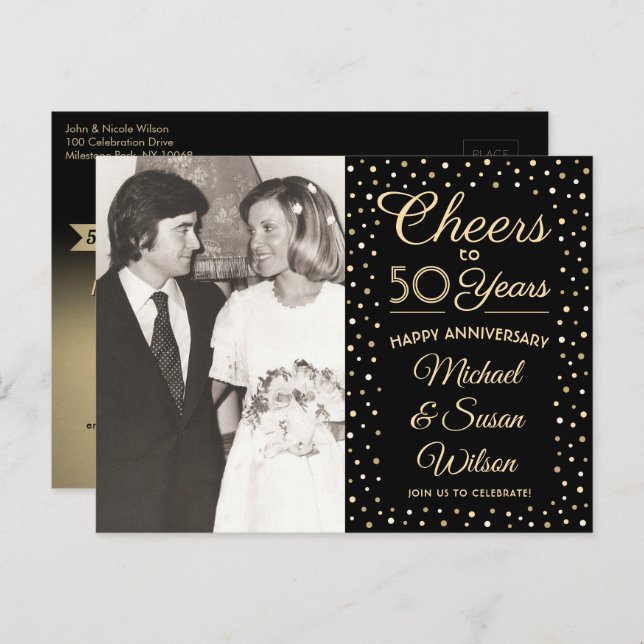 ANY Anniversary 1 Photo Cheers Black & Gold Party Invitation Postcard (Front/Back)
