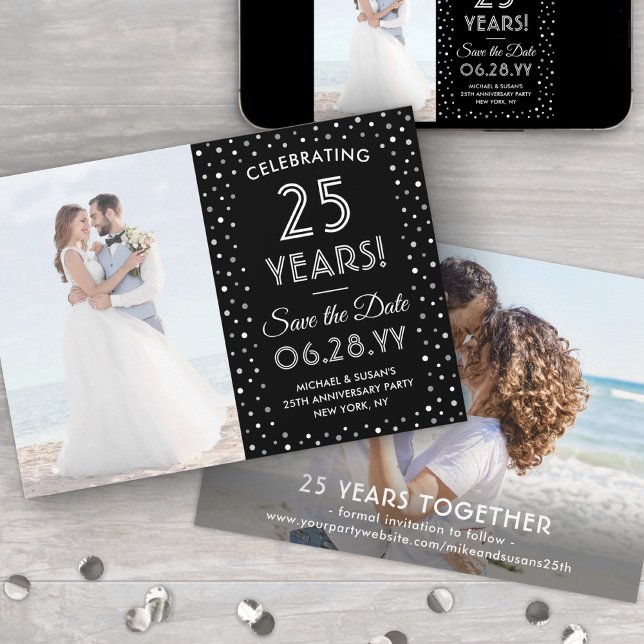 ANY Anniversary 2 Photo Black and White Confetti Save The Date (Creator Uploaded)