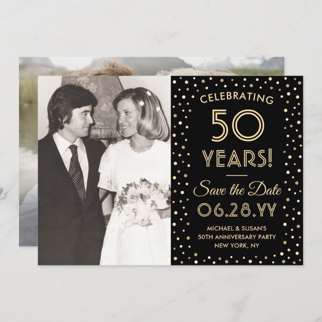 ANY Anniversary 2 Photo Black & Gold Confetti Save The Date (Front/Back)