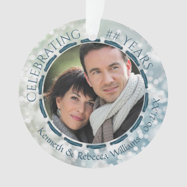 Any Anniversary, 2-Photo, Blue and White Bokeh Ornament (Front)