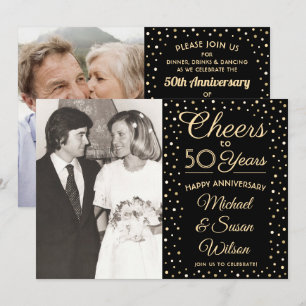 ANY Anniversary 2 Photo Cheers Black & Gold Party Invitation