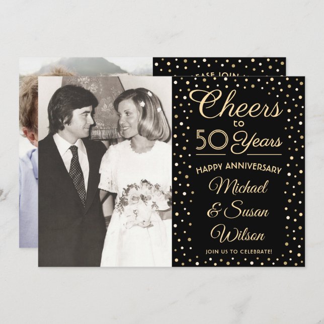 ANY Anniversary 2 Photo Cheers Black & Gold Party Invitation (Front/Back)
