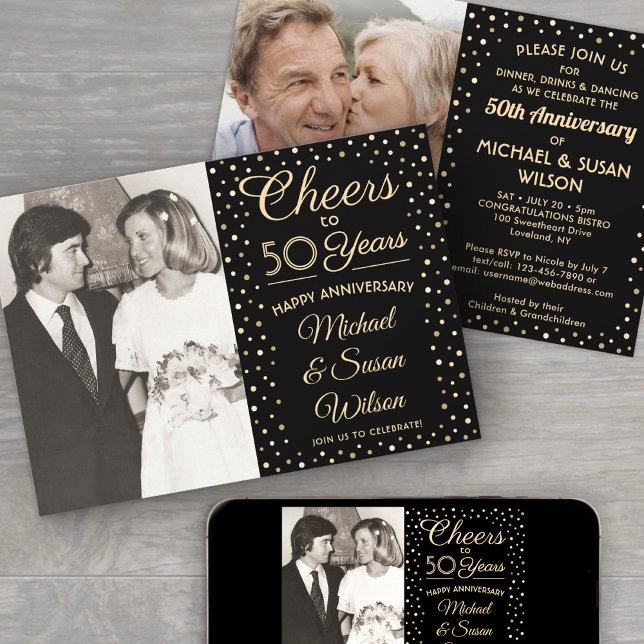ANY Anniversary 2 Photo Cheers Black & Gold Party Invitation (Creator Uploaded)