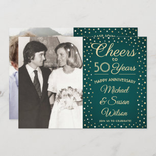 ANY Anniversary 2 Photo Cheers Green & Gold Party Invitation