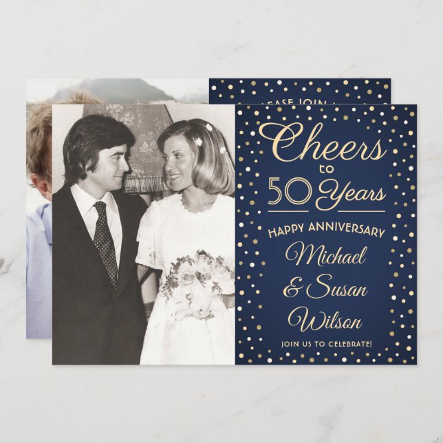 ANY Anniversary 2 Photo Cheers Navy and Gold Party Invitation (Front/Back)
