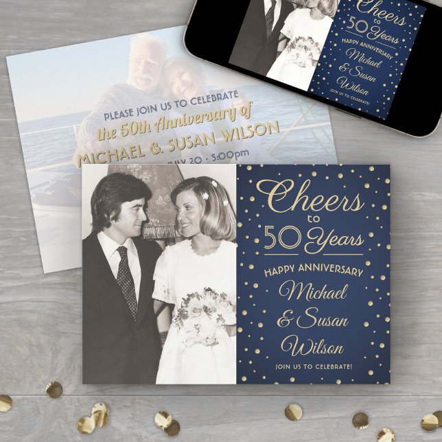 ANY Anniversary 2 Photo Cheers Navy and Gold Party Invitation (Creator Uploaded)
