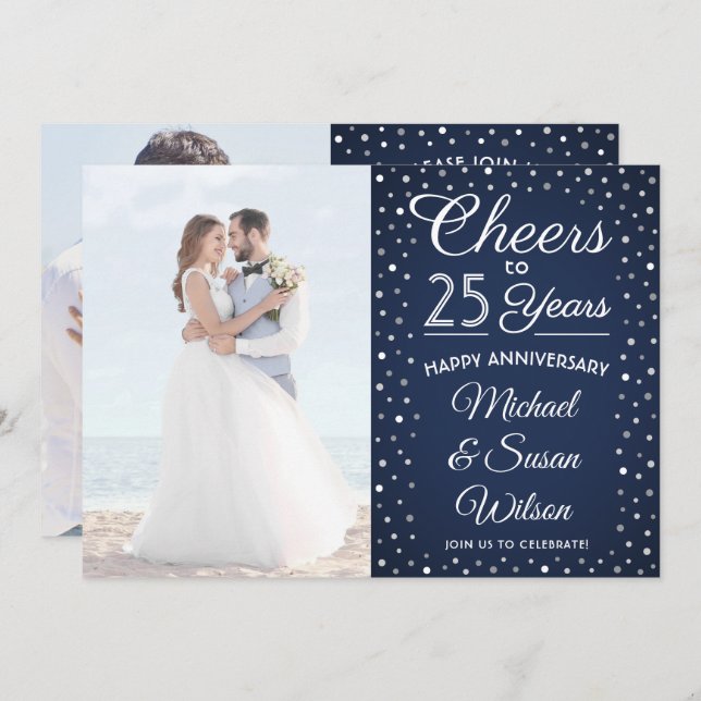 ANY Anniversary 2 Photo Cheers Navy & White Party Invitation (Front/Back)