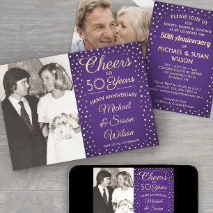 ANY Anniversary 2 Photo Cheers Purple & Gold Party Invitation