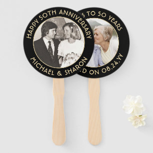 ANY Anniversary 2 Photo Elegant Black & Gold Round Hand Fan