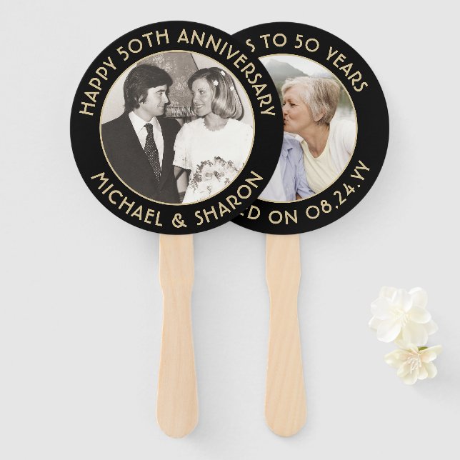 ANY Anniversary 2 Photo Elegant Black & Gold Round Hand Fan (Front and Back)
