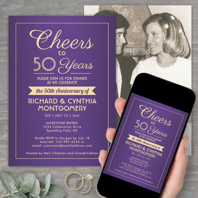 ANY Anniversary Cheers 1 Photo Purple & Gold Party Invitation (Creator Uploaded)