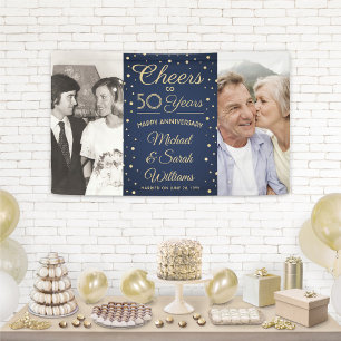 ANY Anniversary Cheers 2 Photo Navy Blue and Gold Banner