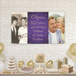 ANY Anniversary Cheers 2 Photo Purple & Gold Party Banner