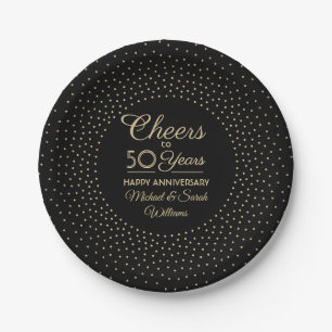 ANY Anniversary Cheers Black and Gold Confetti Paper Plate