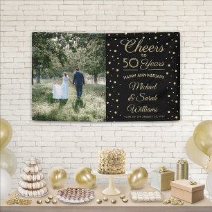 ANY Anniversary Cheers Elegant Photo Black & Gold Banner