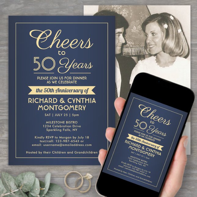 ANY Anniversary Cheers Navy Blue and Gold 1 Photo Invitation (Creator Uploaded)