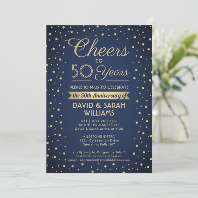 ANY Anniversary Cheers Navy Blue and Gold Confetti Invitation (Standing Front)