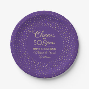 ANY Anniversary Cheers Purple and Gold Confetti Paper Plate