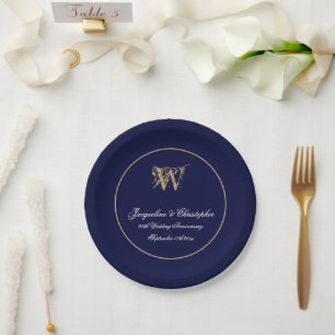 Any Anniversary Monogram Script Chic Navy Blue Paper Plate