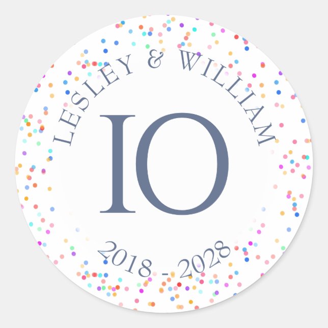 Any Anniversary Rainbow Confetti Classic Round Sticker (Front)