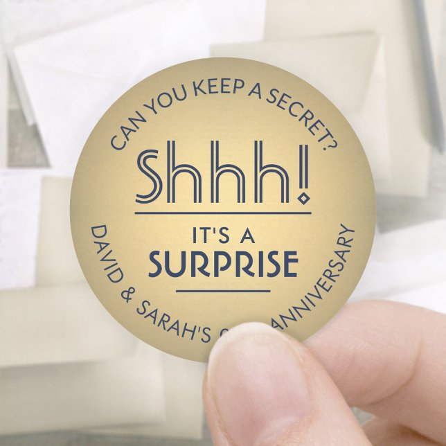 ANY Anniversary Surprise Navy Blue Faux Gold Foil Classic Round Sticker (Creator Uploaded)