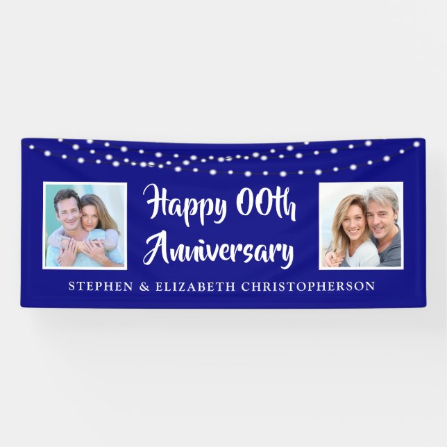 Any Anniversary Then & Now Photos Lights Blue Banner (Horizontal)