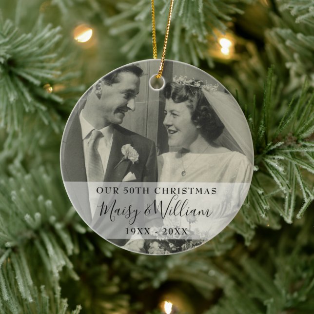 Any Anniversary Year Christmas Wedding 2 Photo Ceramic Ornament (Tree)