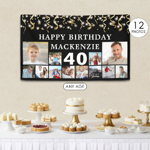 Any Birthday 12 Photo Black Gold Confetti Lights Banner