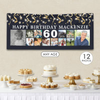 Any Birthday 12 Photo Collage Black Gold Streamers