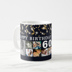 Any Birthday 12 Photo Collage Black Gold Streamers Coffee Mug
