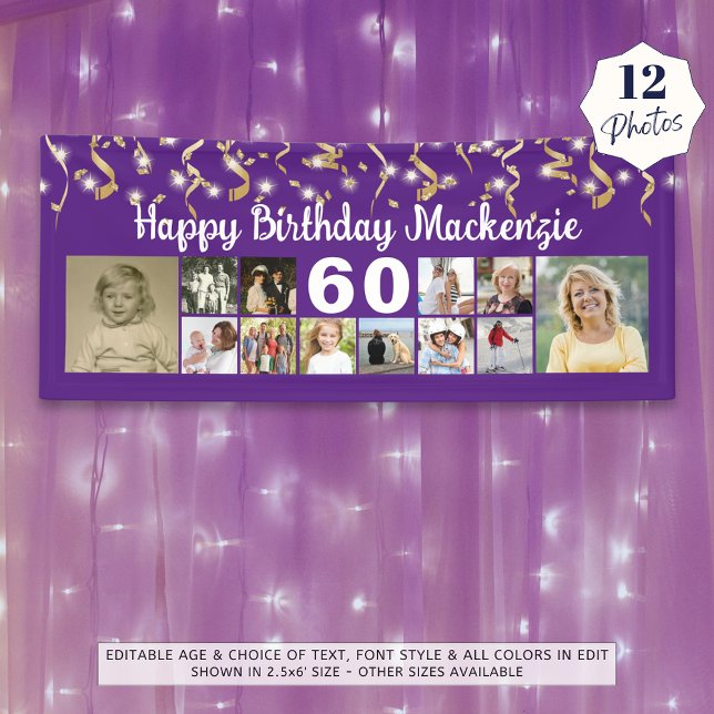 Any Birthday 12 Photo Gold Streamers Custom Colour Banner (Creator Uploaded)