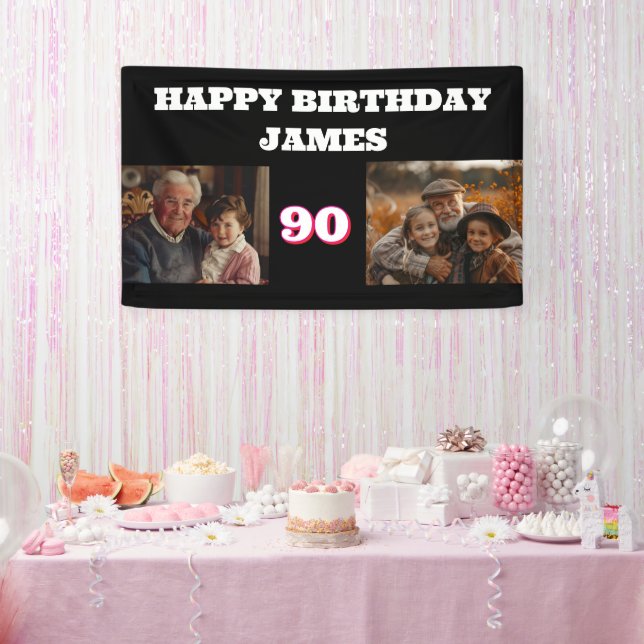 Any Birthday 2 Photo Collage Gold Black Banner (Party)