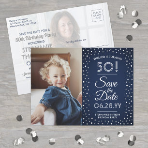 ANY Birthday 2 Photo Navy Blue White Save the Date Invitation Postcard