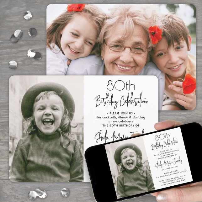 ANY Birthday 2 Photo Simple Black and White Party Invitation (Creator Uploaded)
