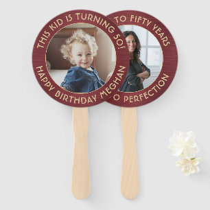 ANY Birthday 2 Photos Brushed Burgundy and Gold Hand Fan