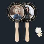 ANY Birthday 2 Photos Elegant Black and Gold Round Hand Fan<br><div class="desc">Add a cool personalised touch to birthday party decorations with stylish custom photo black and gold hand fans. Pictures and all wording on this template are simple to customise for any occasion or to include a favourite quote or funny saying. (IMAGE PLACEMENT TIP: An easy way to centre a photo...</div>