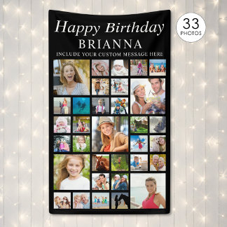 Any Birthday 33 Photo Collage Minimal Black Banner