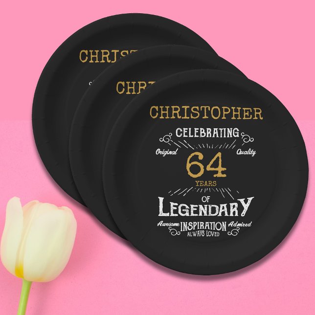 Any Birthday Black Gold Retro Paper Plate (Any birthday black and gold paper party plates.)
