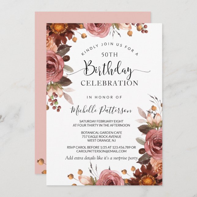 Any Birthday,  Blush and Burgundy Floral Wedding Invitation (Front/Back)