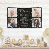 ANY Birthday Cheers 4 Photo Black & Gold Confetti
