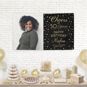 ANY Birthday Cheers Black & Gold Confetti 1 Photo Banner
