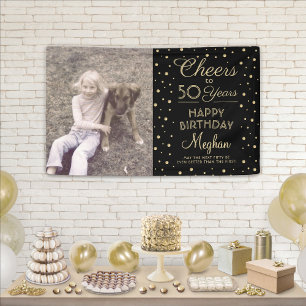 ANY Birthday Cheers Black & Gold Confetti 1 Photo Banner