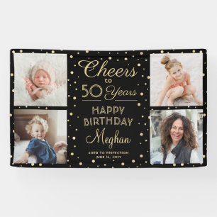 ANY Birthday Cheers Black Gold Confetti Four Phot Banner